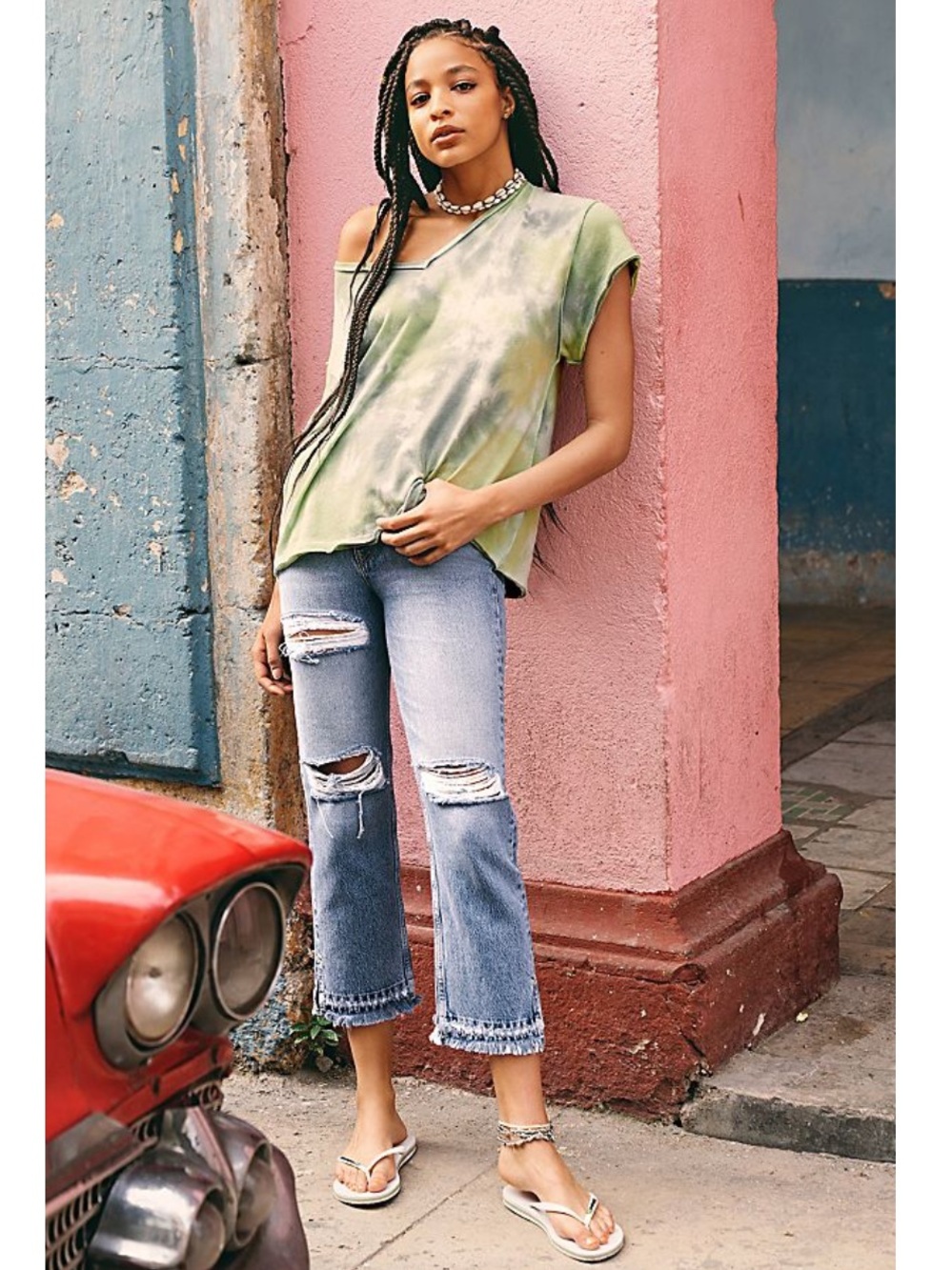 Free People🦋 Lita Slim-Leg Distressed Cropped Jeans 🩵 Yosemite Blue